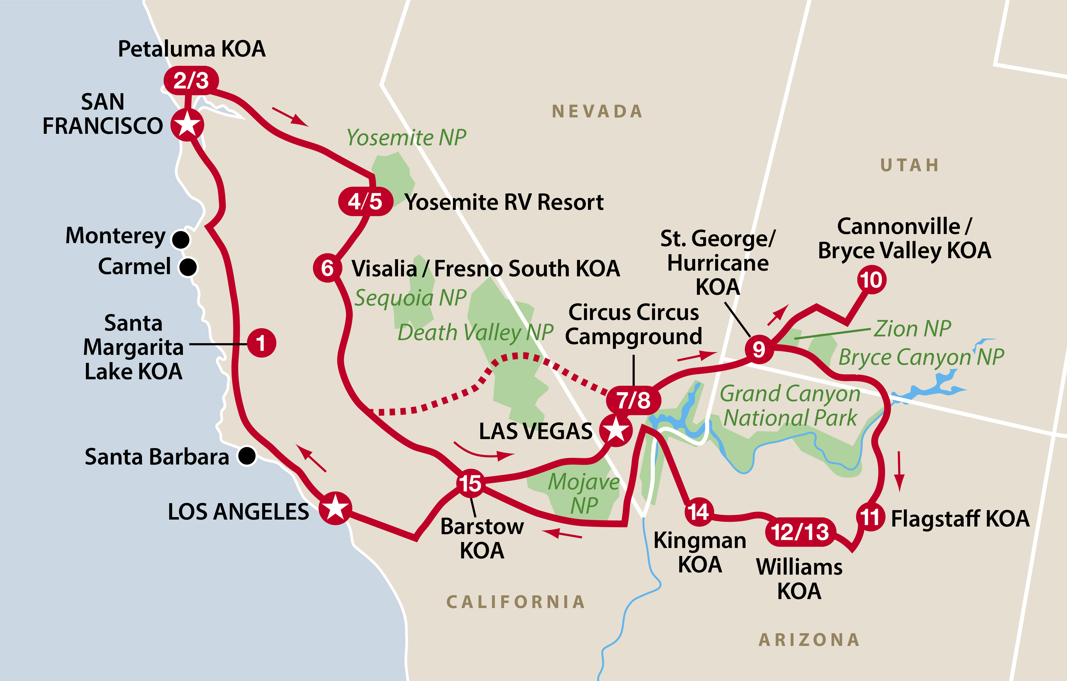 Mapa ruta Attractions of the West